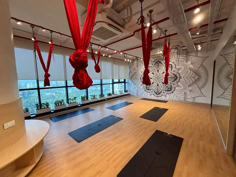 Eclipse studio hall with aerial silks and a city view
