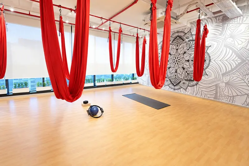 Bright open studio floor with aerial silks and natural light