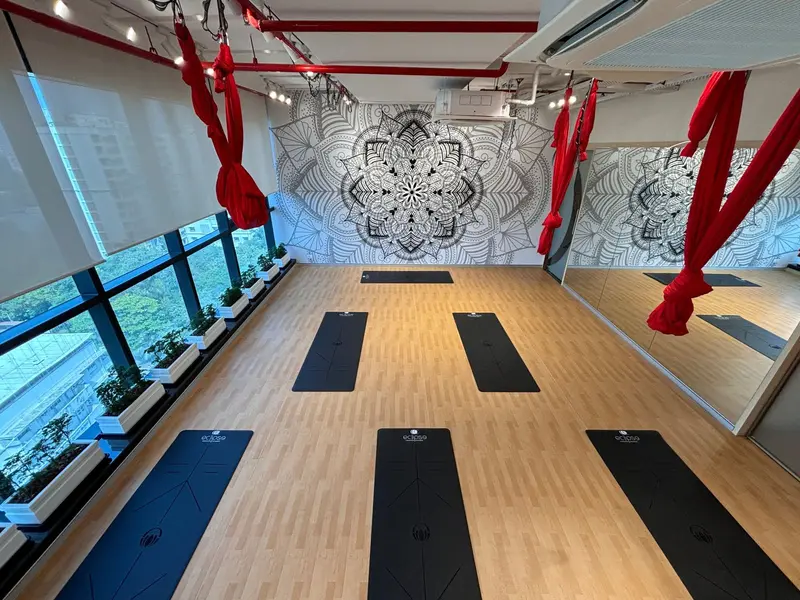 Eclipse studio hall with mats, aerial silks and a mandala wall