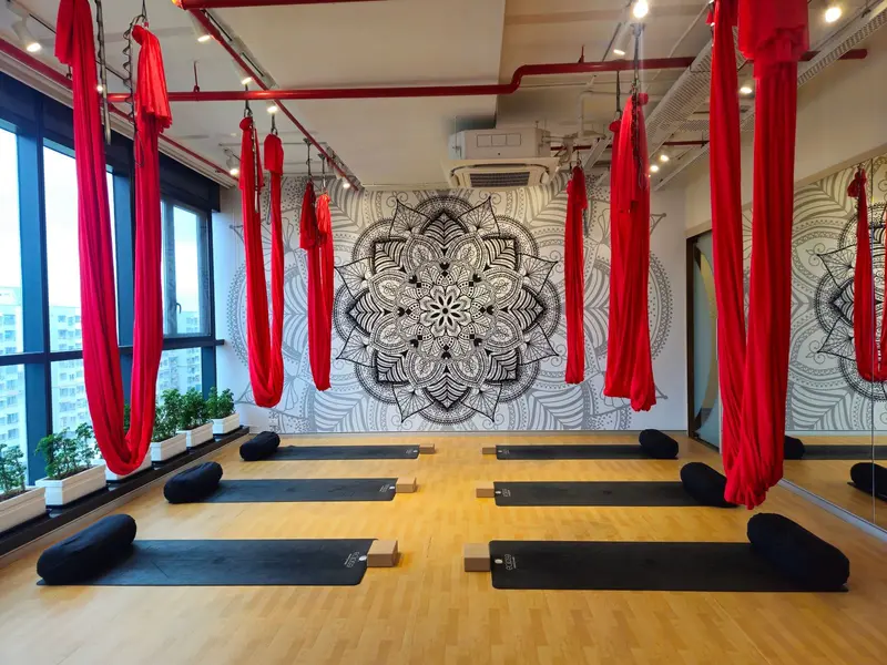 Aerial silks and mandala wall in the Eclipse hall