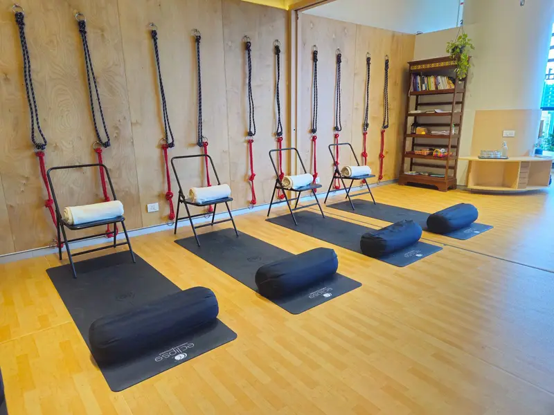 Wall ropes, chairs and bolsters with a bookshelf